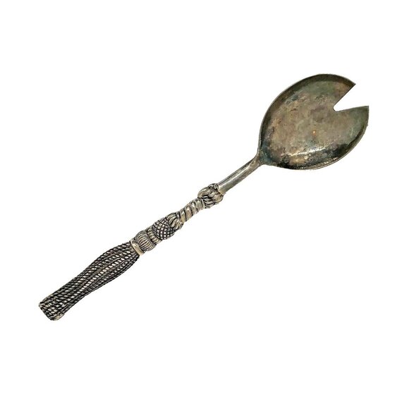 Silea Silver Plate Salad Serving Set Fork & Spoon Textured Rope Handle -Italy - Picture 10 of 14